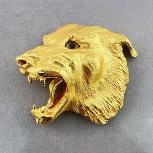 Vintage Christopher Ross Belt Buckle Wolf Tiger 24K Gold Tone 1986 Animal Eye
